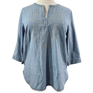 J. Jill Denim 100% Cotton Embroidered Split Neck 3/4 Sleeve Tunic Boho Rustic